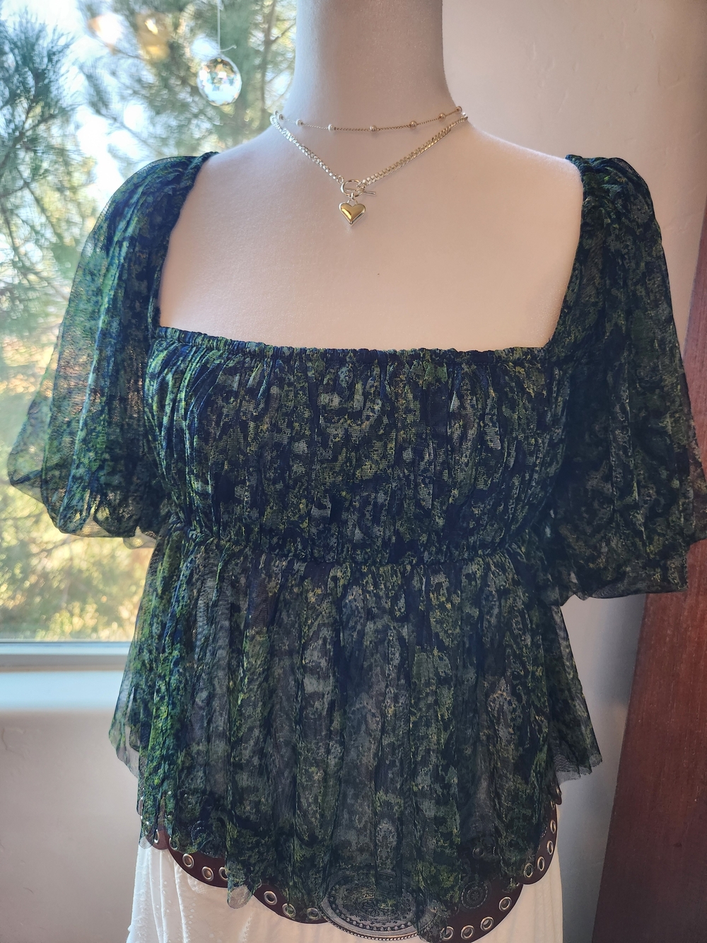 Free People Sheer Smocked Square-Neck Top in Green Print